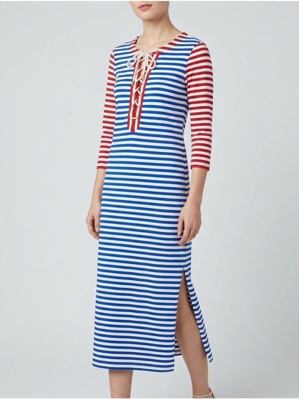 J Crew Sammie Stripe Baltic Lace Up 3/4 Sleeve Maxi Dress Size XS NWT Nautical